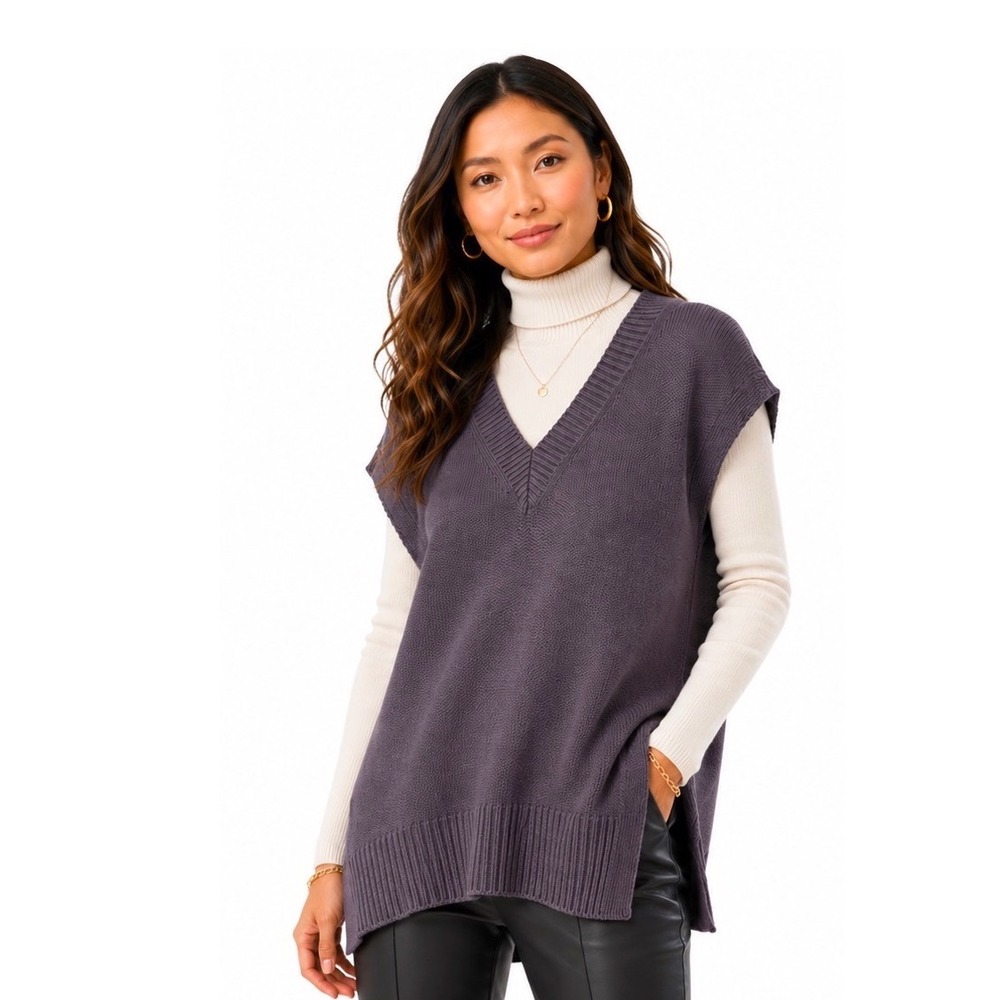 Loft Charcoal Blue V-Neck Sweater Vest Side Slits Knit Top L Winter Chic 112-39